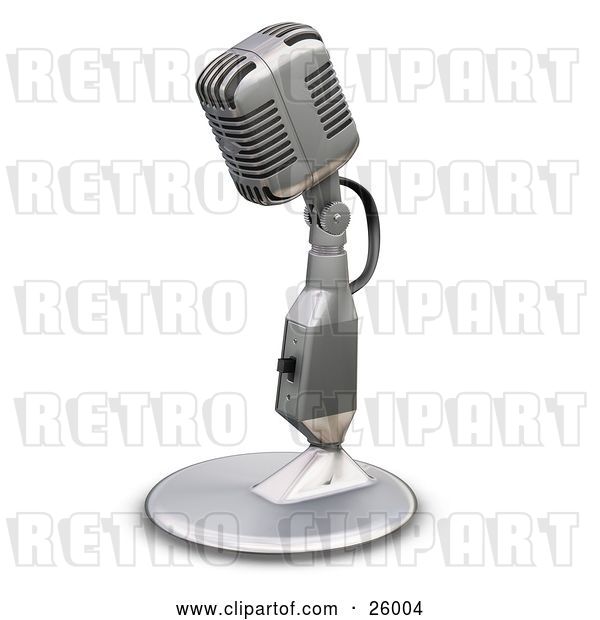 Clip Art of Retro Chrome Microphone with a Little Table Top Stand, on a White Background