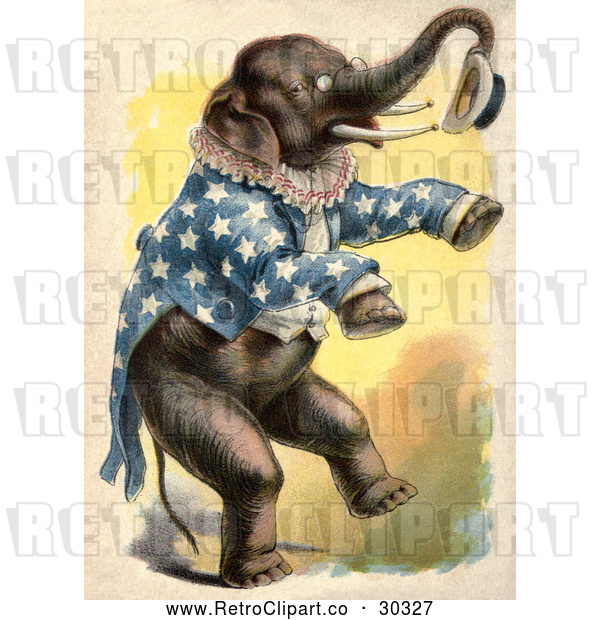 Clip Art of Retro Circus Elephant Standing up and Holding a Hat