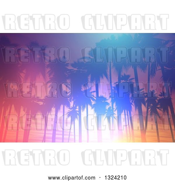 Clip Art of Retro Colorful Lit Tropical Sunset with Palm Trees