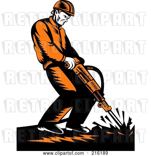 Clip Art of Retro Construction Worker Operating a Jackhammer