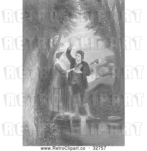 Clip Art of Retro Couple Taking a Vow on a River, in Black and White