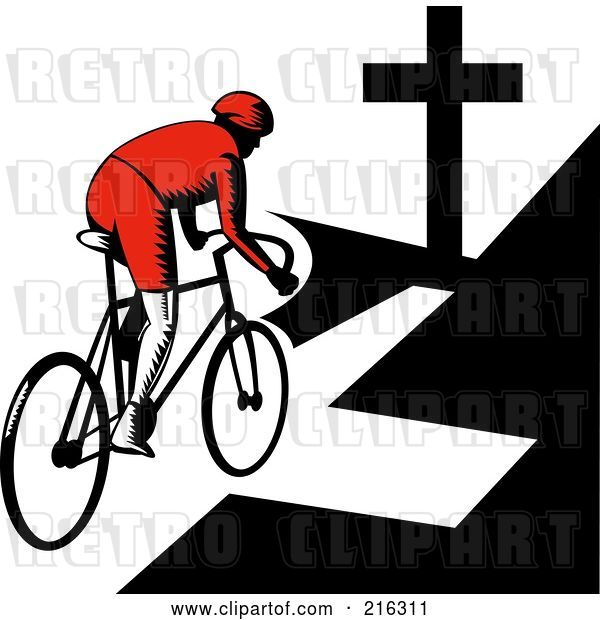 Clip Art of Retro Cyclist Riding Towards a Cross