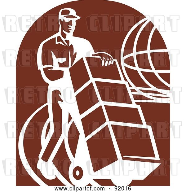Clip Art of Retro Delivery Guy with Boxes over a Brown Oval