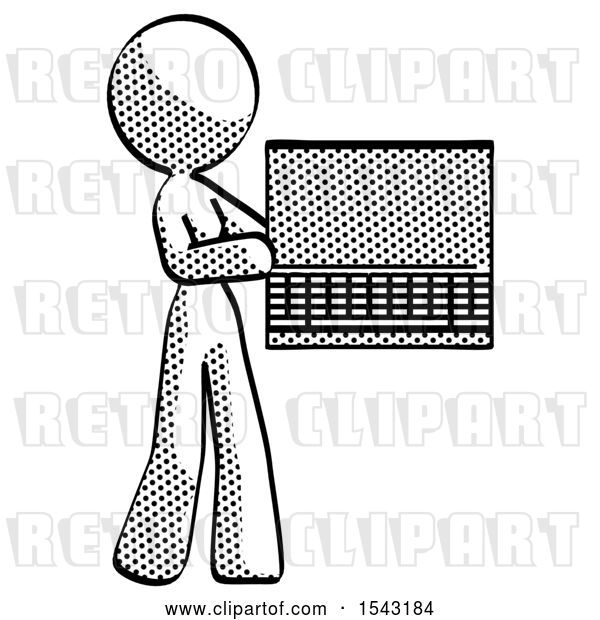Clip Art of Retro Design Mascot Lady Holding Laptop Computer Presenting Something on Screen