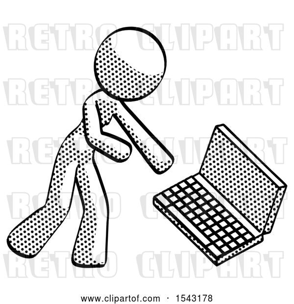 Clip Art of Retro Design Mascot Lady Throwing Laptop Computer in Frustration