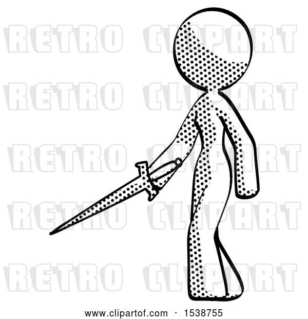 Clip Art of Retro Design Mascot Lady with Sword Walking Confidently