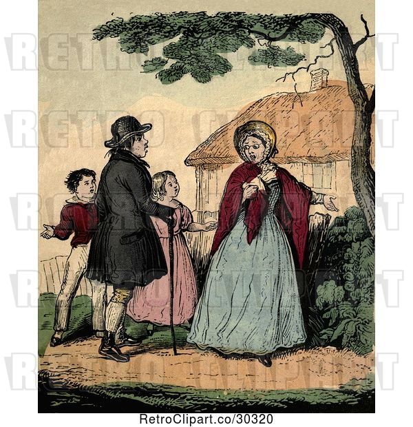 Clip Art of Retro Distressed Lady Gesturing to Her Yard and Her Family