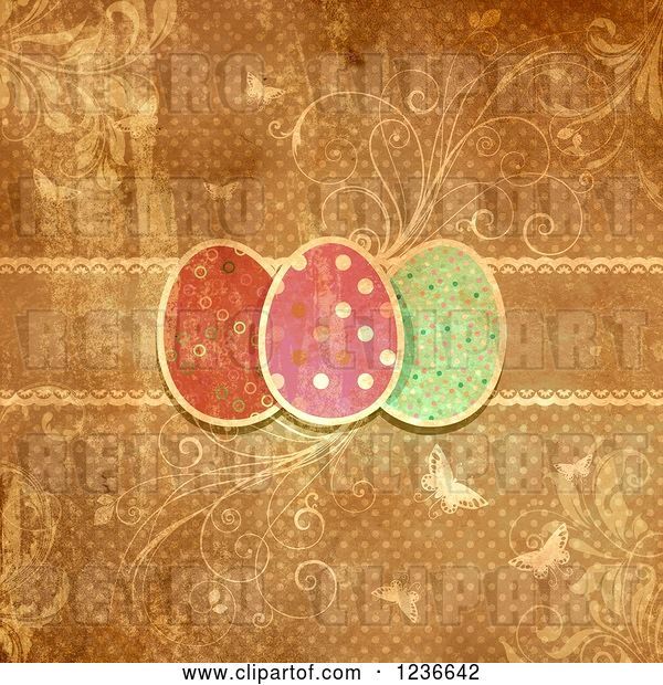 Clip Art of Retro Distressed Polka Dot Easter Egg Background with Flourishes and Butterflies