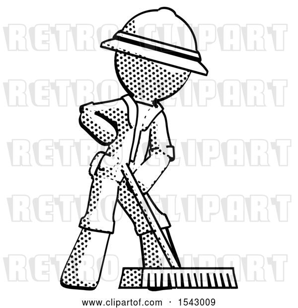 Clip Art of Retro Explorer Guy Cleaning Services Janitor Sweeping Floor with Push Broom