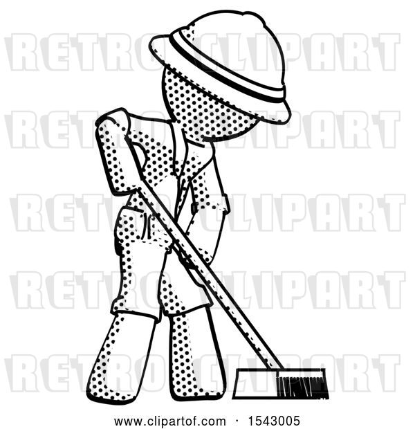 Clip Art of Retro Explorer Guy Cleaning Services Janitor Sweeping Side View