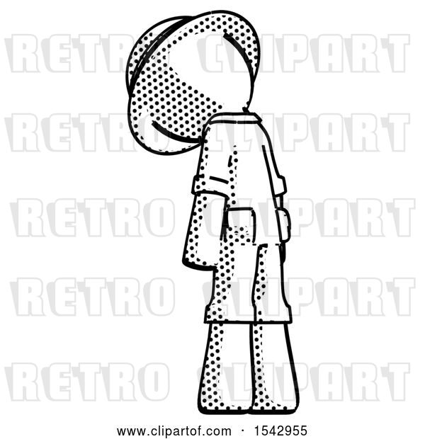 Clip Art of Retro Explorer Guy Depressed with Head Down, Back to Viewer, Left