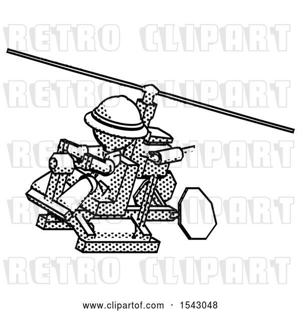 Clip Art of Retro Explorer Guy Flying in Gyrocopter Front Side Angle Top View