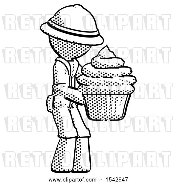 Clip Art of Retro Explorer Guy Holding Large Cupcake Ready to Eat or Serve