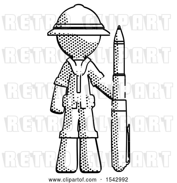 Clip Art of Retro Explorer Guy Holding Large Pen