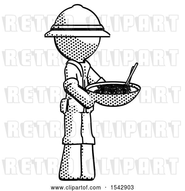 Clip Art of Retro Explorer Guy Holding Noodles Offering to Viewer