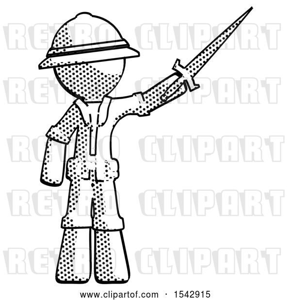 Clip Art of Retro Explorer Guy Holding Sword in the Air Victoriously