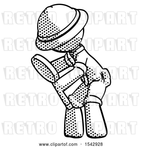 Clip Art of Retro Explorer Guy Inspecting with Large Magnifying Glass Left