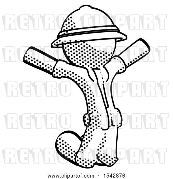 Clip Art of Retro Explorer Guy Jumping or Kneeling with Gladness
