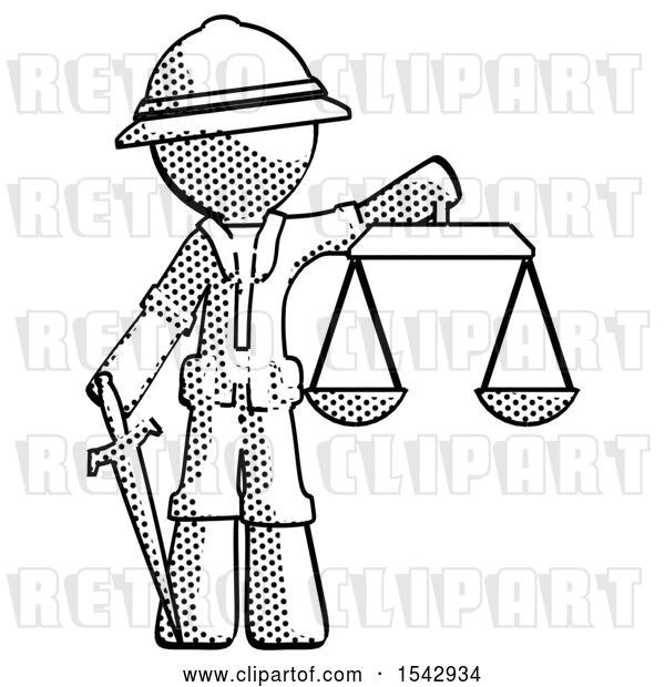 Clip Art of Retro Explorer Guy Justice Concept with Scales and Sword, Justicia Derived