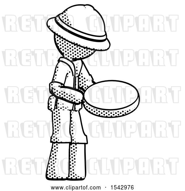Clip Art of Retro Explorer Guy Looking at Large Compass Facing Right