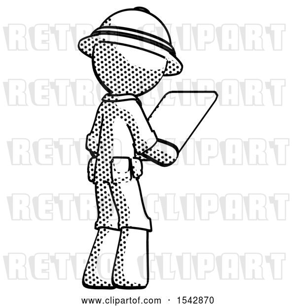 Clip Art of Retro Explorer Guy Looking at Tablet Device Computer Facing Away
