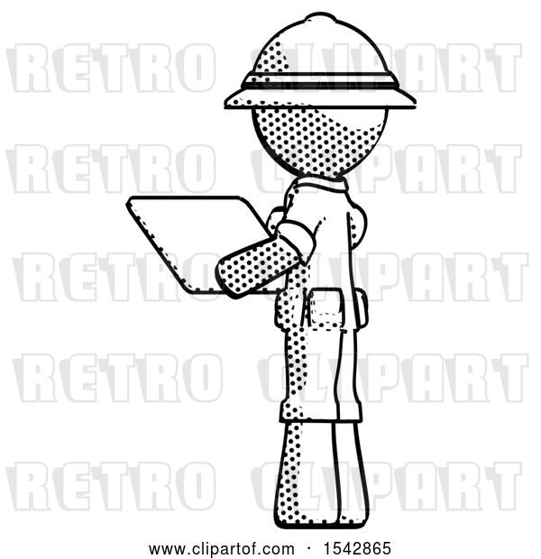 Clip Art of Retro Explorer Guy Looking at Tablet Device Computer with Back to Viewer