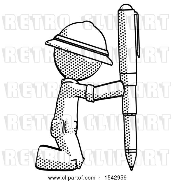 Clip Art of Retro Explorer Guy Posing with Giant Pen in Powerful yet Awkward Manner.
