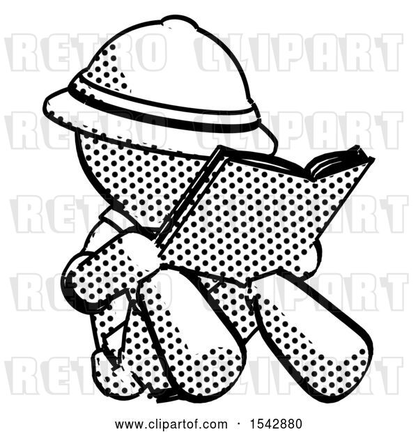 Clip Art of Retro Explorer Guy Reading Book While Sitting down