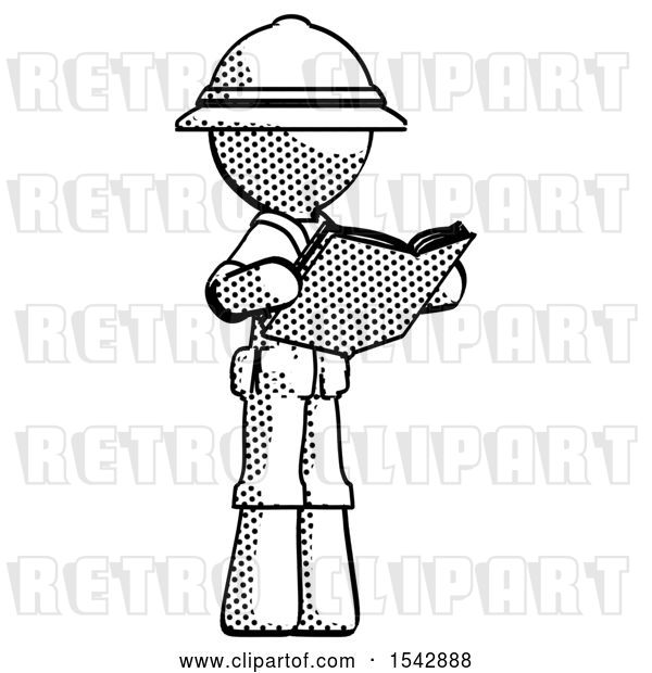 Clip Art of Retro Explorer Guy Reading Book While Standing up Facing Away
