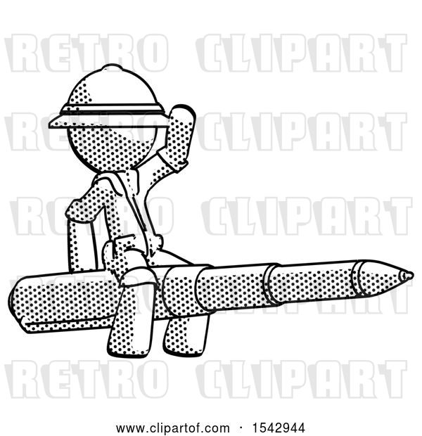 Clip Art of Retro Explorer Guy Riding a Pen like a Giant Rocket