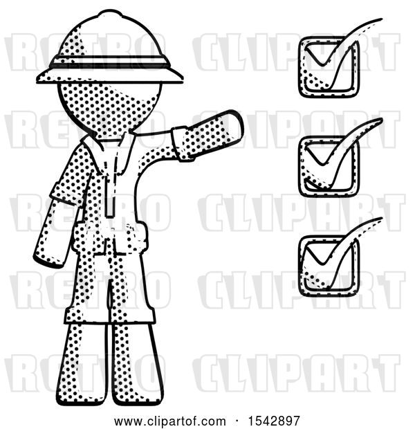 Clip Art of Retro Explorer Guy Standing by List of Checkmarks