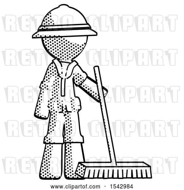 Clip Art of Retro Explorer Guy Standing with Industrial Broom