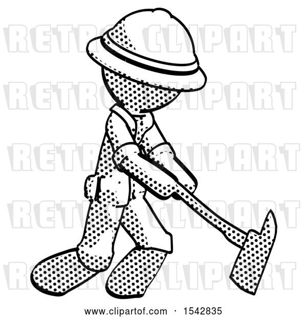 Clip Art of Retro Explorer Guy Striking with a Red Fireman's Ax
