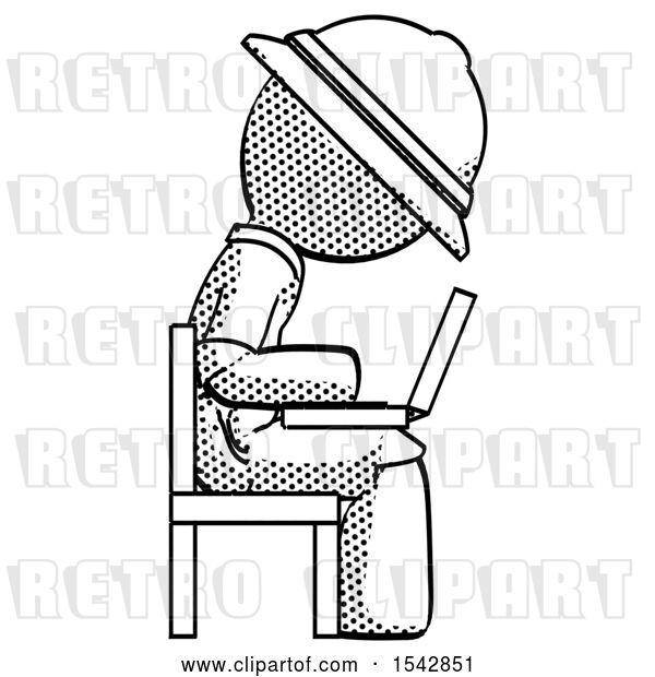 Clip Art of Retro Explorer Guy Using Laptop Computer While Sitting in Chair View from Side