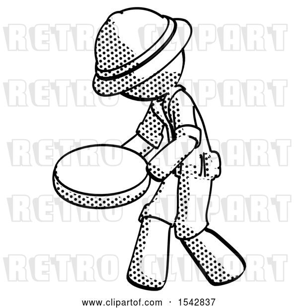Clip Art of Retro Explorer Guy Walking with Large Compass