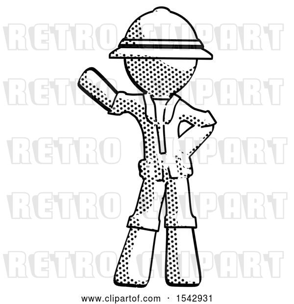 Clip Art of Retro Explorer Guy Waving Right Arm with Hand on Hip