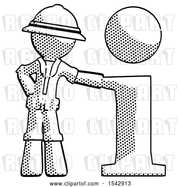 Clip Art of Retro Explorer Guy with Info Symbol Leaning up Against It