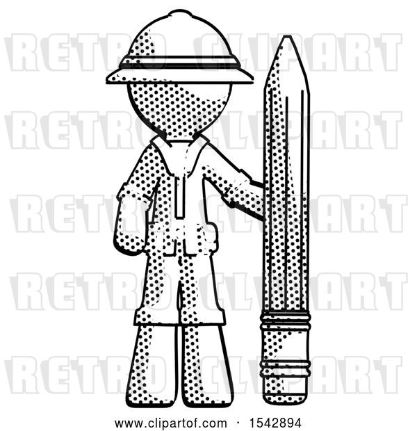 Clip Art of Retro Explorer Guy with Large Pencil Standing Ready to Write
