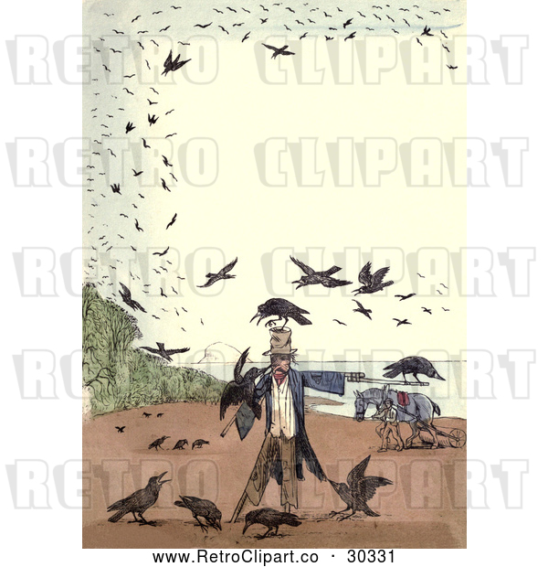 Clip Art of Retro Frame of Crows Around a Scarecrow