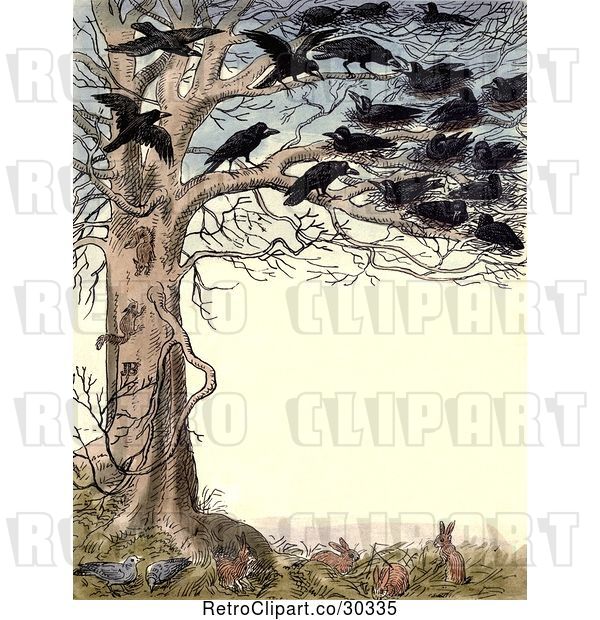 Clip Art of Retro Frame of Crows in a Tree over Rabbits and Pigeons