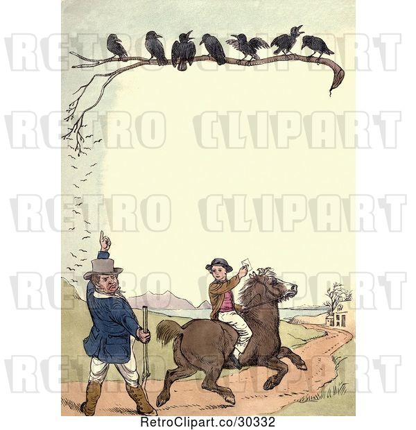 Clip Art of Retro Frame of Crows over Hunters