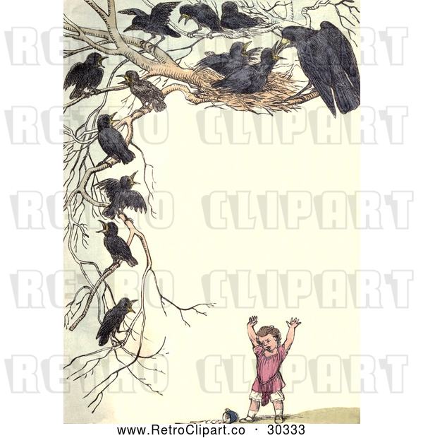 Clip Art of Retro Frame of Nesting Crows over a Girl