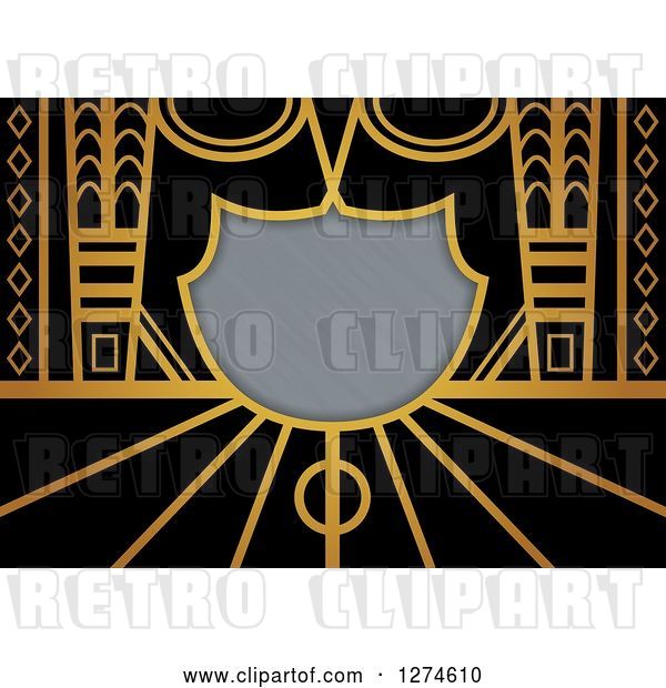 Clip Art of Retro Gold and Black Art Deco Background with Brushed Silver Metal Shield Text Space