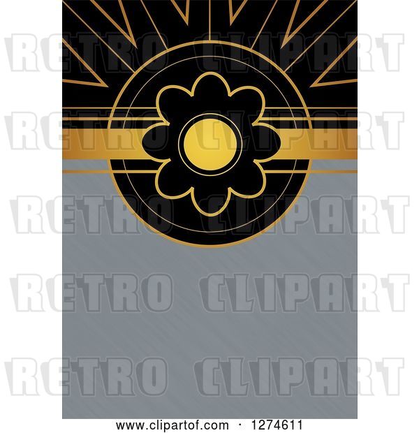 Clip Art of Retro Gold and Black Art Deco Daisy Flower Background with Brushed Silver Metal Text Space
