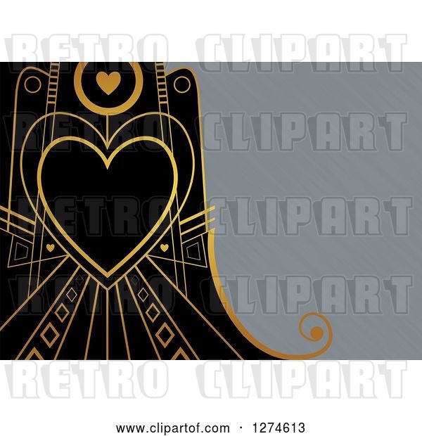 Clip Art of Retro Gold and Black Art Deco Heart Valentine Background with Brushed Silver Metal Text Space