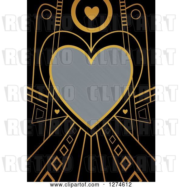 Clip Art of Retro Gold and Black Art Deco Heart Valentines Day Background with Brushed Silver Metal Text Space