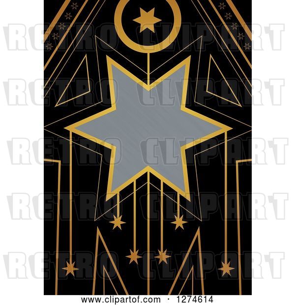 Clip Art of Retro Gold and Black Art Deco Star Background with Brushed Silver Metal Text Space
