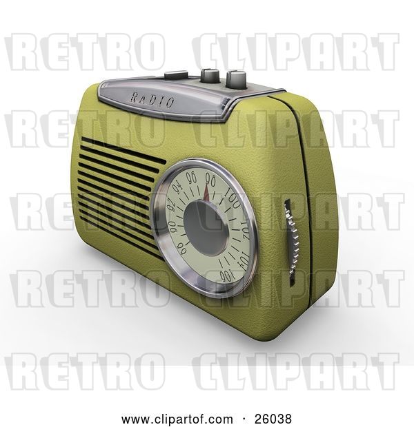 Clip Art of Retro Greenish Yellow Radio with a Station Dial, on a White Surface