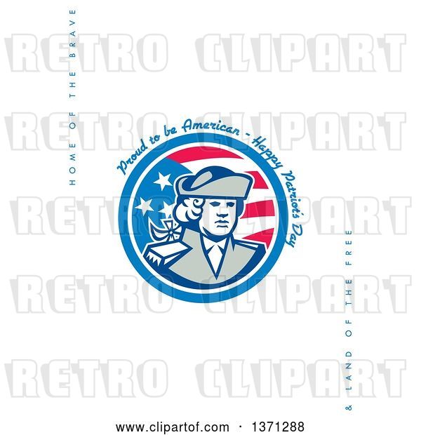 Clip Art of Retro Greeting Card Design with a Patriot and Proud to Be American, Happy Patriot's Day, Home of the Brave&Land of the Free Text on White