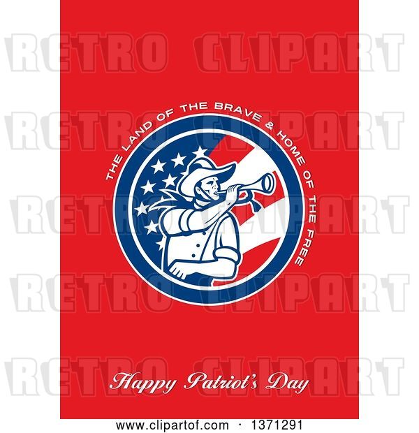 Clip Art of Retro Greeting Card Design with an American Calvary Soldier Blowing a Bugle and the Land of the Brave&Home of the Free, Happy Patriot's Day Text on Red